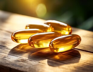 elegant closeup of shimmering healthy fish oil capsules on a wooden surface in natural light