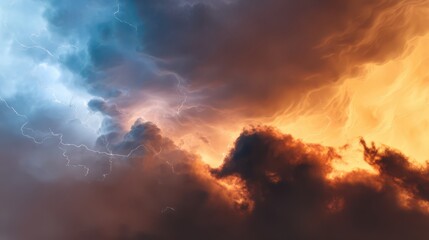 Fototapeta premium A background wallpaper of a stormy, dramatic sky with lightning, featuring dark blue and orange colors