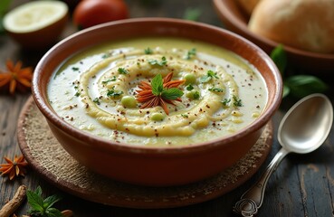 Pea soup puree in vintage ceramic bowl. Spices, fresh herbs garnish dish. Homemade food, village style, rustic cuisine. Healthy vegetarian lunch or dinner.