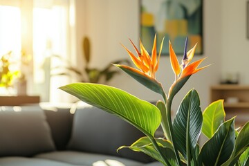 Vibrant Bird of Paradise flower in a sunlit room, adding a touch of tropical elegance to the home decor.
