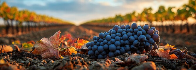 Fototapeta premium Vineyard landscape with a cluster of grapes amidst rows leading to a warm horizon