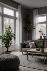 A living room with a couch, coffee table, and potted plants