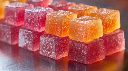Stacked creatine gummies creating vibrant contrast on brushed steel surface