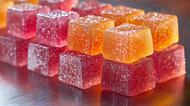 Stacked creatine gummies creating vibrant contrast on brushed steel surface