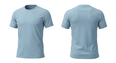 Front and back view of a light blue t shirt on a white background in a studio setting showing the fit