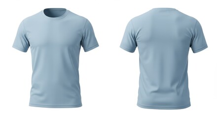 Front and back view of a light blue t shirt on a white background for fashion advertising use