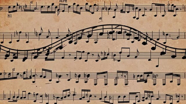 Vintage sheet music with handwritten notes fills the frame. Overhead angle captures the nostalgic essence, ideal for a music-themed video backdrop.