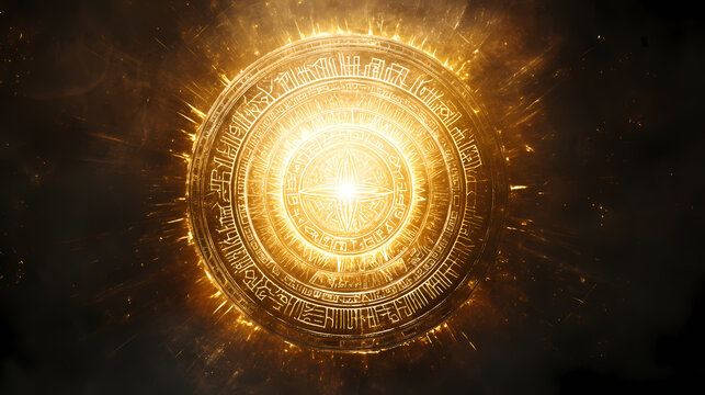 Glowing circular sigil with ancient script, mystical energy radiating outwards. Cosmic Sigils. Illustration