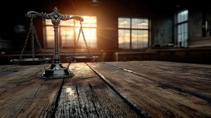 Justice Scales on Rustic Wooden Table at Sunset
