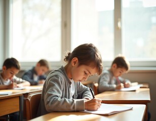 Fototapeta premium Children writing in classroom. Focused students taking exams. Young students at desks during lessons, learning. Education, growth, child development, cognition. Notebooks, pens, test notes at middle