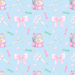 school bag, scissors, pencils, paints. Watercolor seamless pattern in pastel colors. Cute children's illustration back to school