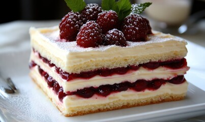 Layered cake dessert with cream and fresh berries square pastry