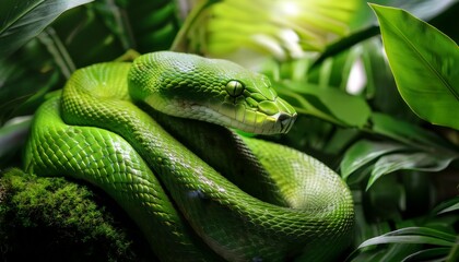 Fototapeta premium vibrant green snake coiled in lush tropical foliage serpent background
