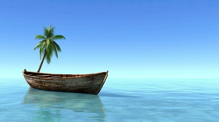 Obraz premium Tranquil Island Escape: A lone weathered boat rests gently on the calm turquoise water, beside a solitary palm tree against a vibrant blue sky. This serene scene evokes a sense of peace and isolation.