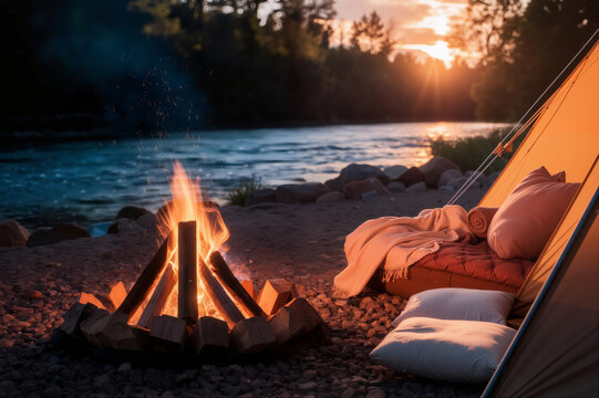 Camping by the Fire Near a River at Sunset with a Tent and Blanket