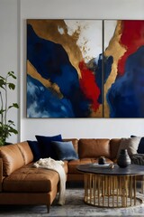 A large painting of a blue, red