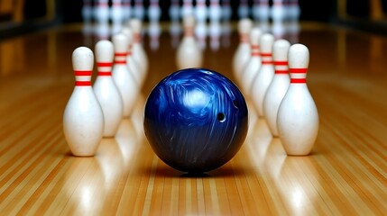 A blue bowling ball sits before pins on a wooden lane