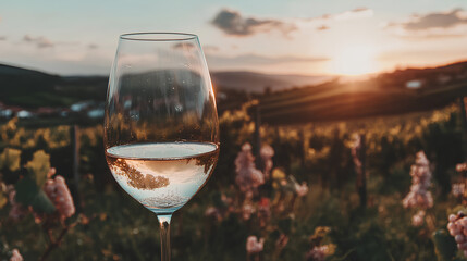 Glass of white wine with grapes in vineyard during sunset