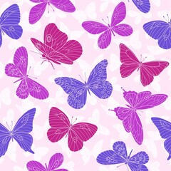 Seamless pattern with hand drawn purple, pink, lilac, fuchsia minimalistic butterflies on a pink background. Perfect for textiles, fabric, wallpaper, stationery, packaging, web backgrounds, wrapping