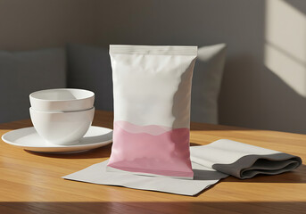 Product packaging mockup for food snack with bowls and napkin on table