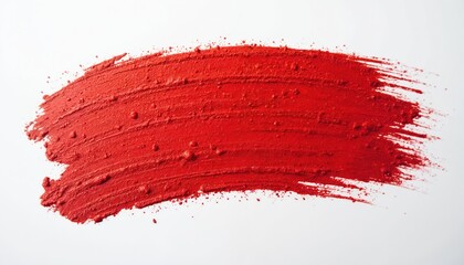 Vibrant red brush stroke on white background. Artistic element ideal for creative design, decoration, banner, headline. Vermilion texture. Red ink shape, hand-drawn grunge effect for your design.