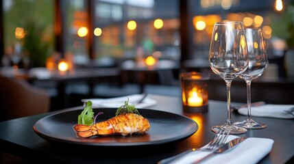 Lobster tail serving black plate wine glasses elegant dining