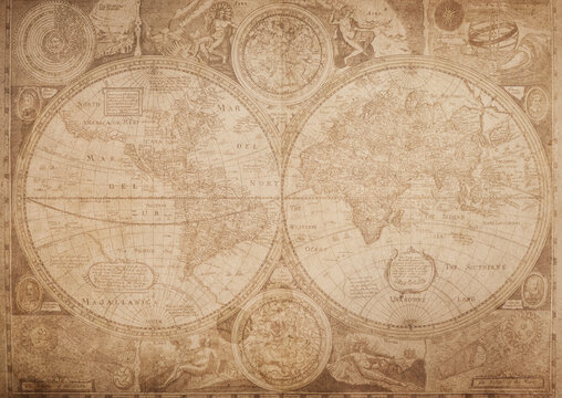 Old map of the world of the 18 century. Collage. A good background for design on the theme of travel, geography, history, voyage, etc.