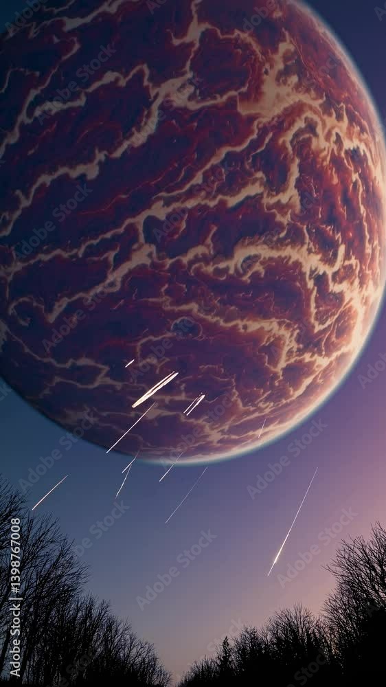 Poster a surreal video concept showing a massive, colorful planet with lightning patterns, viewed from a lo