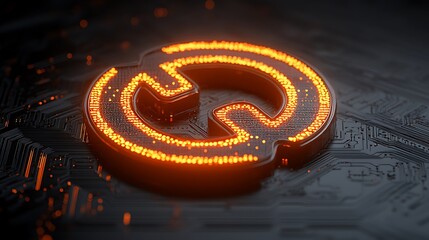 A glowing, orange-lit symbol on a circuit board, representing a cryptocurrency or digital asset.