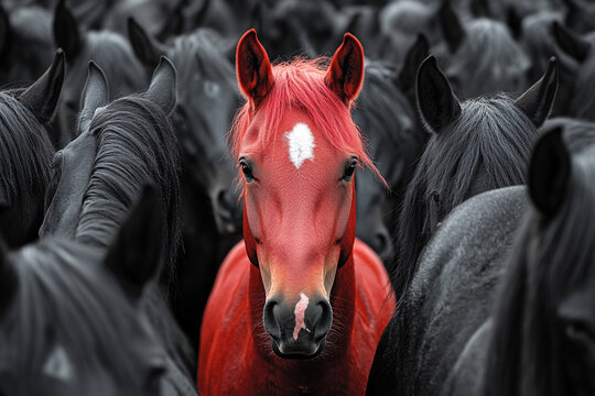 Bold red horse stands out among black horses