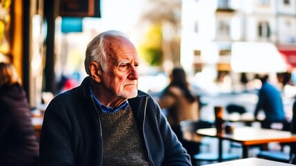 Obraz premium An elderly man with white hair thoughtfully gazing outdoors at a cafe