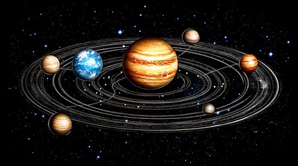A beautiful illustration depicts the planets within the solar system
