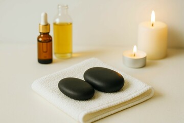 Relaxing spa setup with massage stones and essential oils on a calm surface