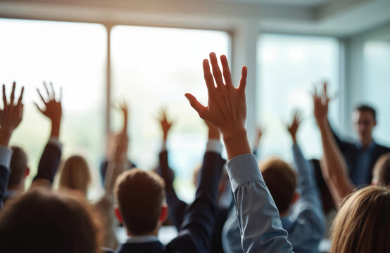 Group business people raising hands at conference, event. Corporate meeting with audience for voting or asking questions. Hands up, teamwork. Team raising hands showing agreement support, teamwork.