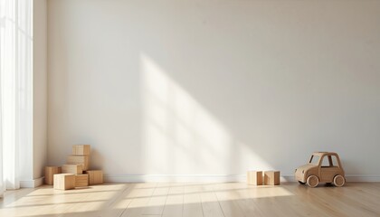 Bright, minimalist baby room with wooden toy car, wooden cubes. Empty white apartment interior with window, wooden floor, copy space for text. Scandinavian style, perfect for modern nursery design.
