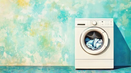 Modern washing machine with clean clothes against a vibrant, artistic wall background