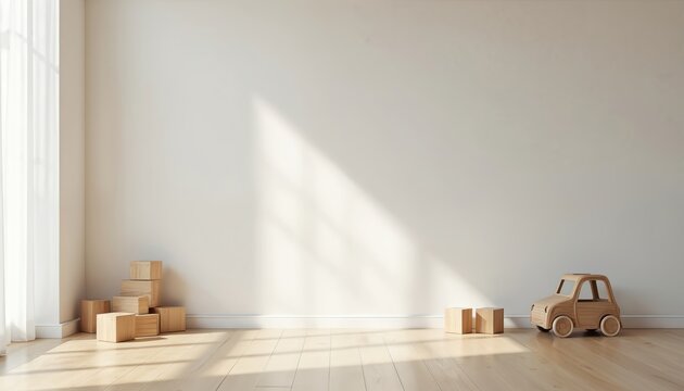 Bright, minimalist baby room with wooden toy car, wooden cubes. Empty white apartment interior with window, wooden floor, copy space for text. Scandinavian style, perfect for modern nursery design.