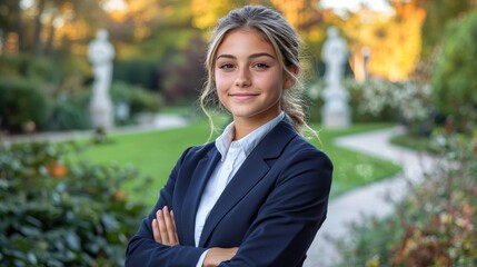 Jewish graduate girl in European formalwear stands proudly in university garden