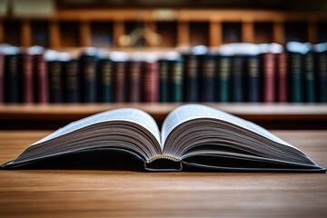 Close-up of an open law book on a wooden desk with legal books in the background in a courtroom.