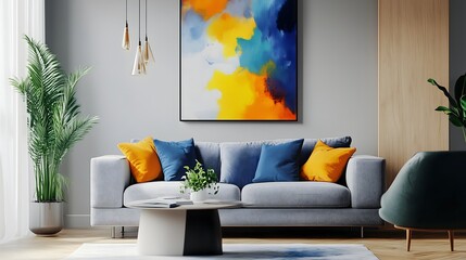 Modern living room interior with blue sofa, yellow and navy abstract wall art, and decorative pillows, copy space