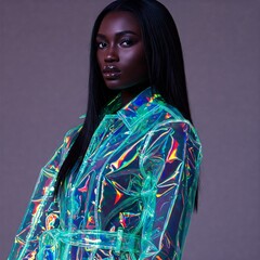 Sessão de fotos de moda de modelo negra, cabelo preto, com capa de chuva holográfica em cores neon.