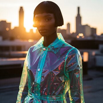 Sess&atilde;o de fotos de moda de modelo negra, cabelo preto, com capa de chuva hologr&aacute;fica em cores neon.