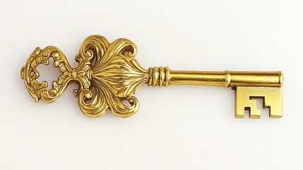 A classic skeleton key made of gold, featuring an intricate baroque-style bow, well-defined engravings, and a reflective metallic sheen on white.