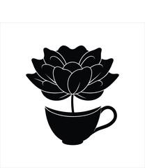 Botanical Teacup Silhouette Monochrome Vector Illustration