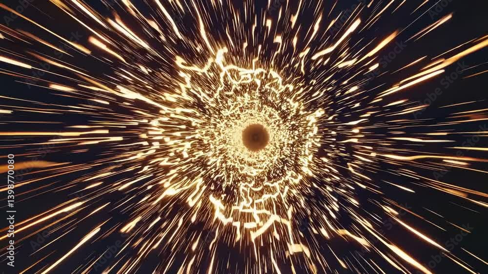 Poster dynamic video of sparks radiating from a central point, captured from a straight-on angle, creating 