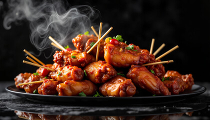 Delicious Anticuchos served with sauces and smoke-filled atmosphere, haute cuisine