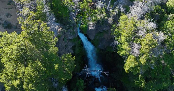 Top view of Irigoyen waterfall prsitine natural reserve in Los Alerces National Park. Chubut, Patagonia Argentina