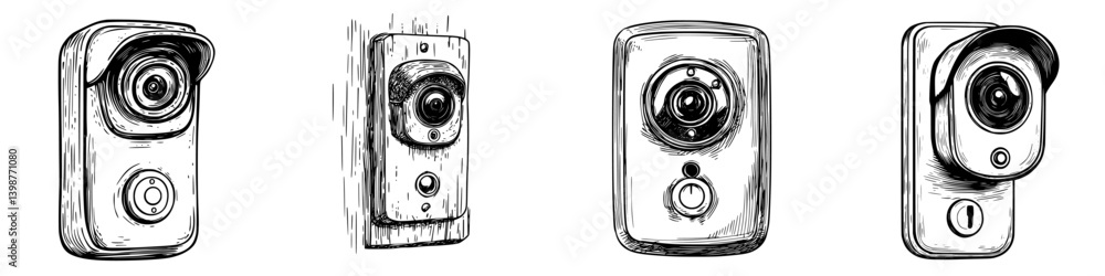 Poster different designs of security cameras showcasing unique features and styles in a modern setting