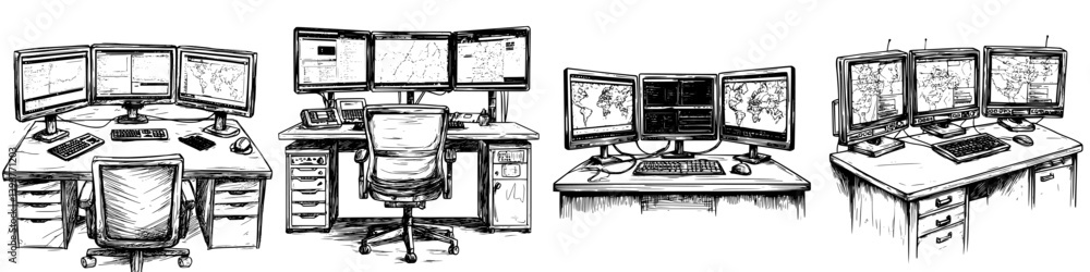 Poster multiple workspace setups featuring computer monitors and desks for data analysis and monitoring in 