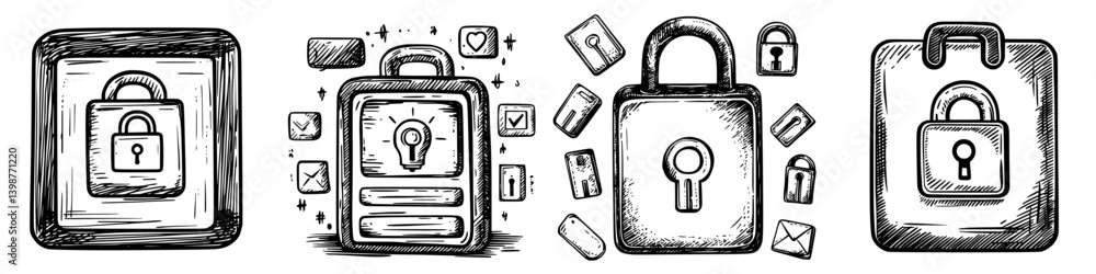 Poster illustrations showcasing various padlocks and security symbols in a digital context, emphasizing saf